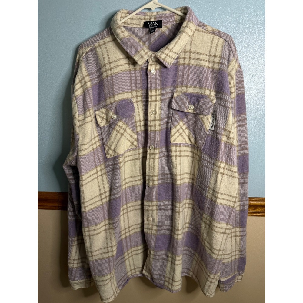 BoohooMAN Purple Plaid Flannel Shirt Oversized Button Down 4XL